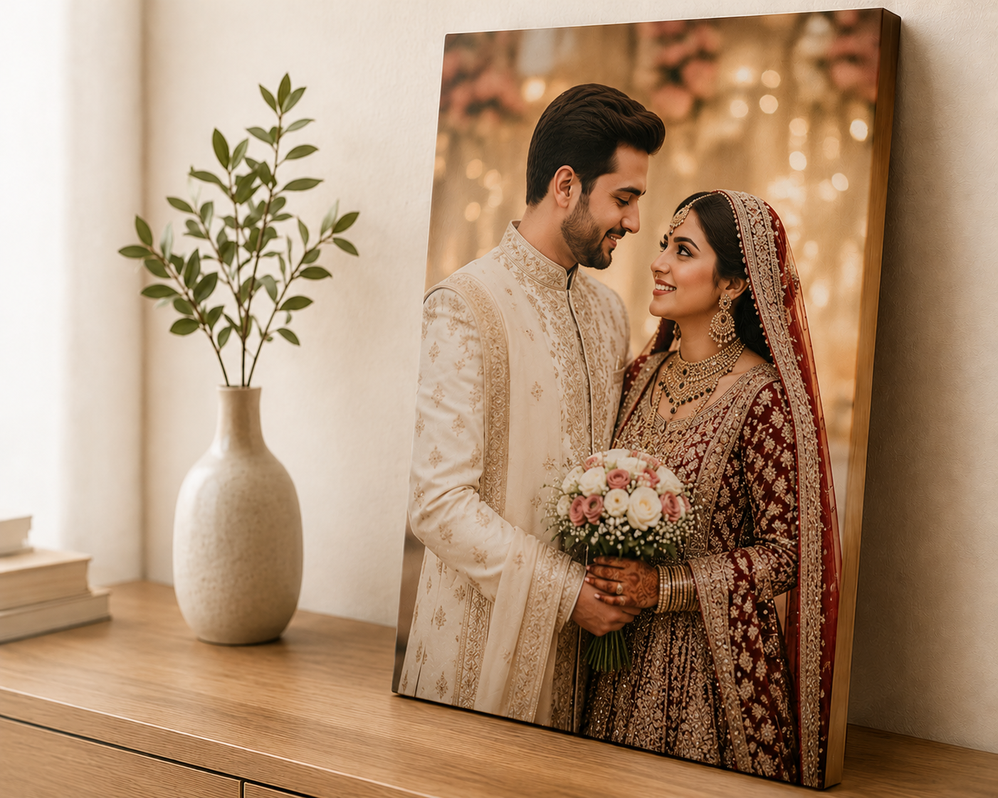 Wedding canvas print leaning on a console